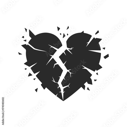 Shattered heart icon with cracks and broken pieces on white background