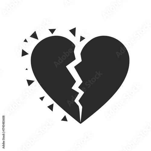 Black broken heart icon with jagged crack and shattered pieces