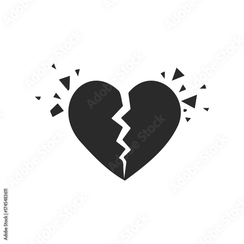Black broken heart icon with cracks and falling pieces on white background