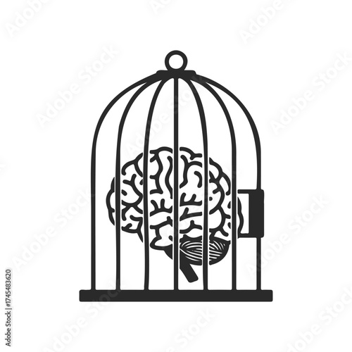 Brain in a cage illustration: concept of mental constraint and freedom