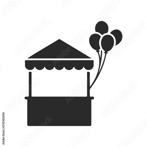 Silhouette of market stall with balloons on white background
