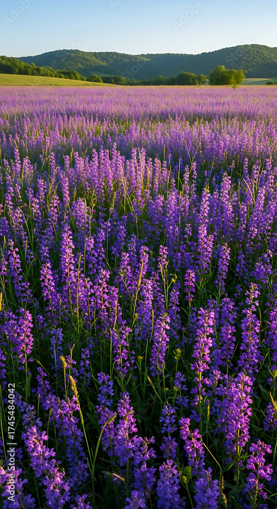 Naklejka premium Vibrant Purple Flower Field Under Blue Sky with Distant Green Hills