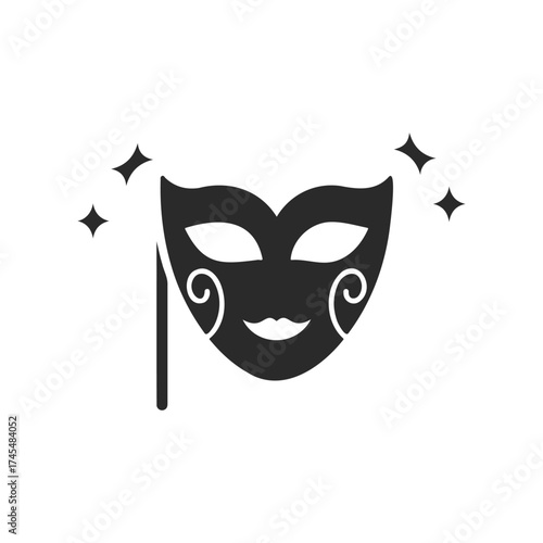 Elegant black masquerade mask icon with sparkles on white background