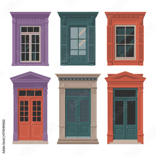 Stylized Architectural Façade Elements with Windows and Building Fronts – Vector Illustration 