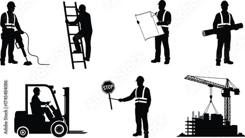 Construction activity silhouette vector set with six poses, jackhammer, forklift, ladder, blueprint, crane, traffic control, and site gear