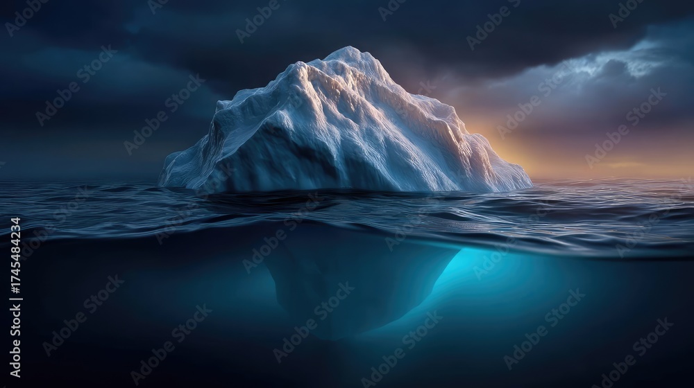 Fototapeta premium Dramatic iceberg split view showing climate change concept. A stunning iceberg floating in dark waters under stormy skies.