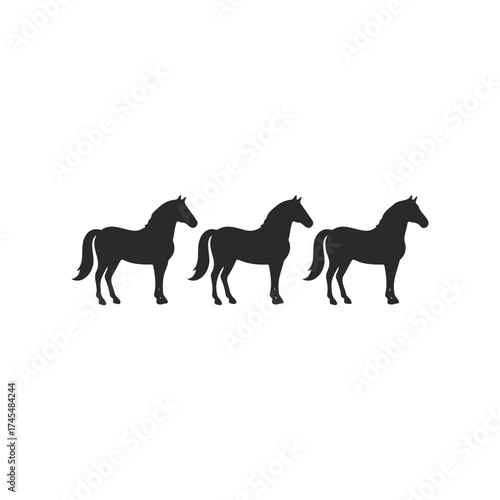 Silhouette trio: three elegant horse shapes on white background