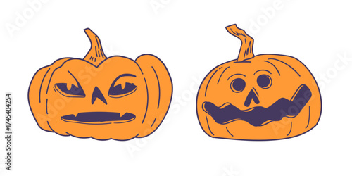 cartoon jack-o’-lanterns with different expressions, spooky and humorous Halloween clip art