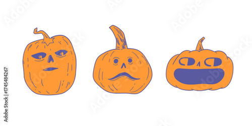 cartoon jack-o’-lanterns with different expressions, spooky and humorous Halloween clip art