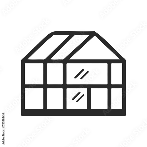 Minimalist greenhouse icon: black and white illustration of simplified plant nursery