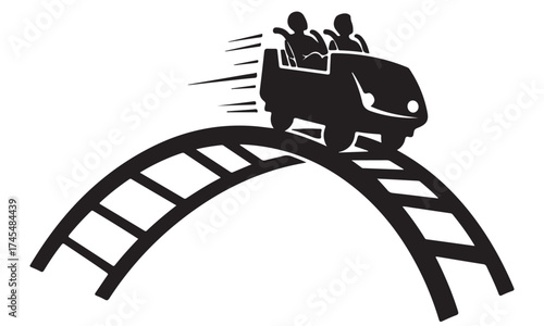 Rollercoaster Car with Passengers Speeding Over Track Silhouette