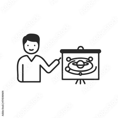 Male teacher presenting solar system diagram on classroom board