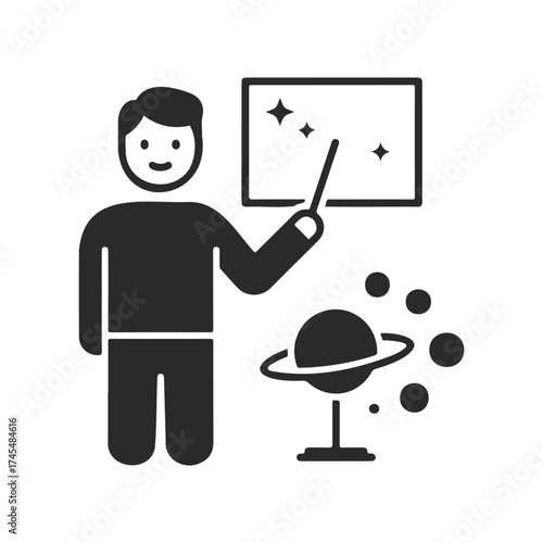 Male educator teaching astronomy concept with planet illustration
