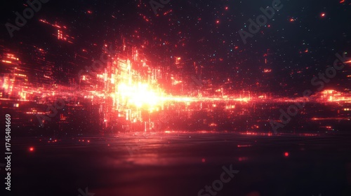 Red energy burst, digital particles, dark background, motion design, VFX