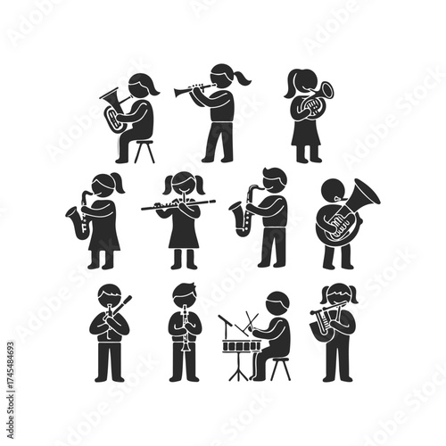 Children playing musical instruments: trumpet, saxophone, drums