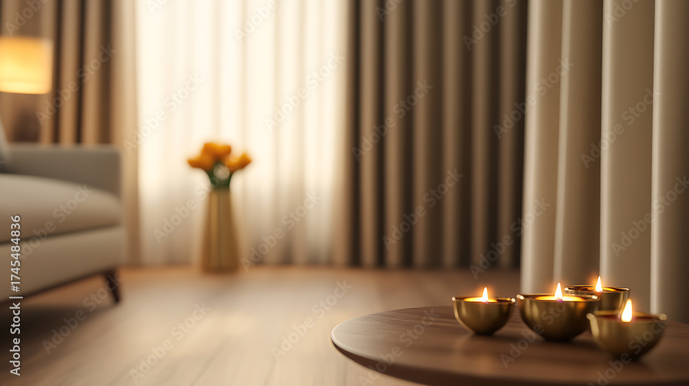 Fototapeta premium Golden candle lights provide a warm glow in this cozy room, enhancing the warm, elegant ambiance of the modern living space.