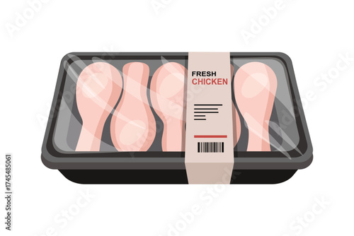 Supermarket Packaged Chicken Meat. Chicken Drumstick Packaging. Raw Chicken Drumsticks in Tray. Packaged Fresh Chicken Illustration