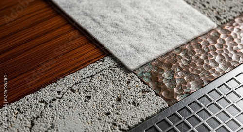 Exquisite juxtaposition of rich wood, textured concrete, soft felt, hammered copper, and brushed metal creating a sophisticated and modern material palette