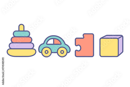 Colorful children's toys set including stacking ring, car, puzzle, and building block