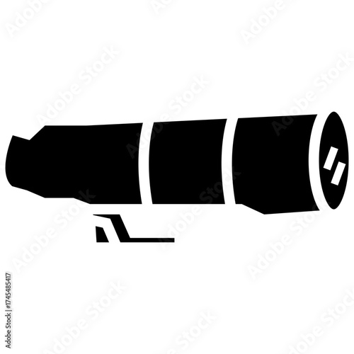 Simple black silhouette of a telescope, created in clean vector style representing astronomy or exploration concept.