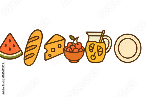 Assortment of picnic food items including fruit bread cheese and refreshing drink
