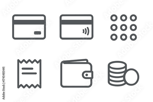 Financial transaction and payment methods featuring credit card, wallet, receipt, and currency