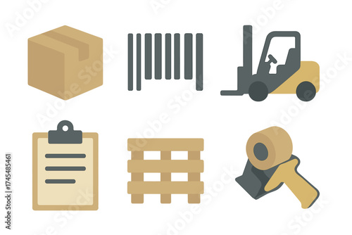 Essential logistics and warehouse elements: box, barcode, forklift, clipboard, pallet, and tape dispenser symbols