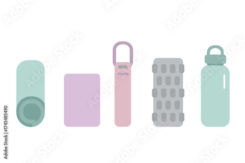 Minimalist collection of pastel colored yoga and gym accessories including mat, roller, and water bottle