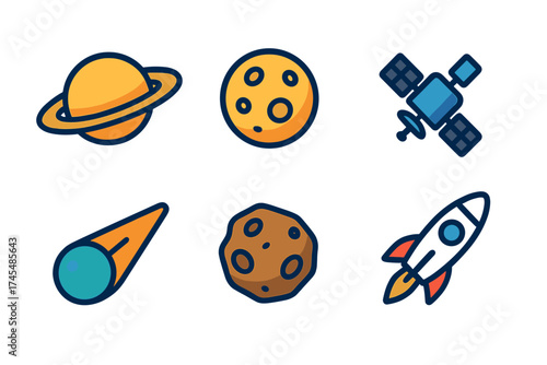 Modern flat design symbols representing space travel, astronomy, and celestial objects