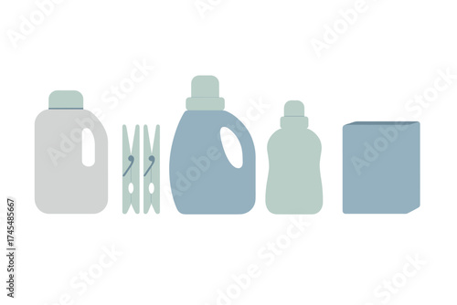 Laundry cleaning products, detergent bottles, and clothespins in pastel colors