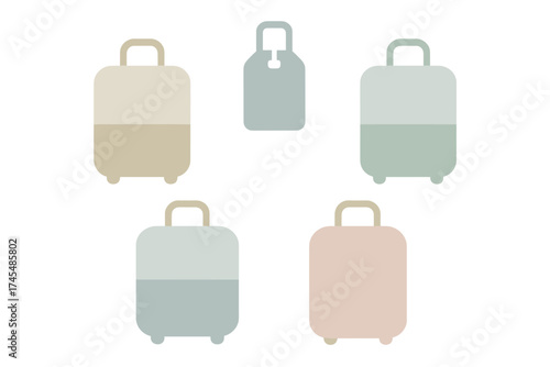 Minimalist collection of travel luggage and baggage tags in soft muted colors