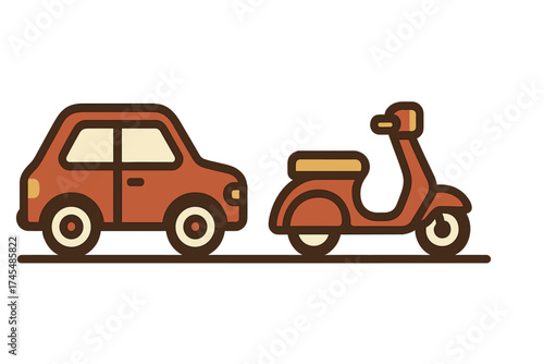 Retro style compact car and motor scooter icons representing urban transportation