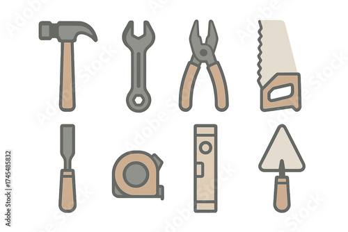 Set of essential construction and repair hand tools including hammer wrench and saw