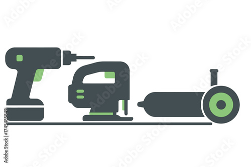 Construction and woodworking power tools set including drill, jigsaw, and angle grinder