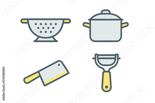 Set of essential kitchen equipment including cooking pot, colander, meat cleaver, and vegetable peeler
