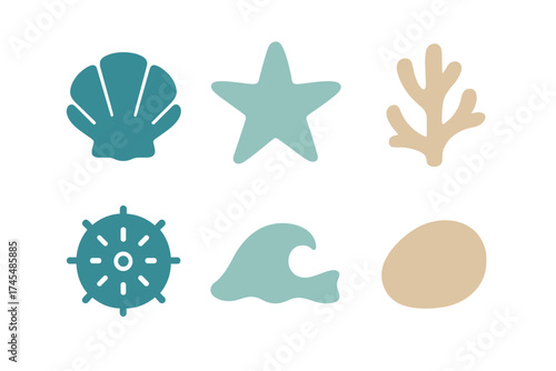 Minimalist set of marine elements including seashell, starfish, coral, ship wheel, and ocean wave shapes