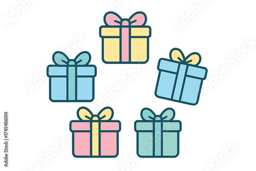 Colorful collection of wrapped presents and gift boxes with bows for holidays and celebrations