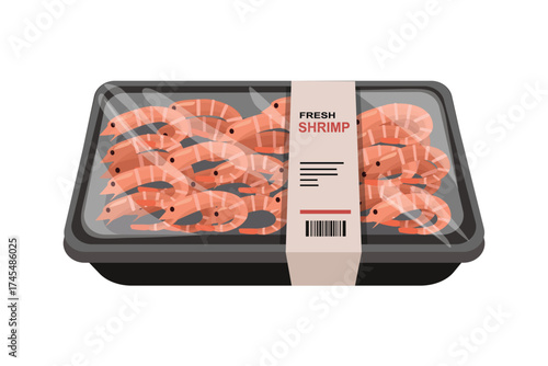 Fresh Shrimp Pack. Seafood Shrimp Packaging Mockup. Premium Shrimp Product. Shrimp Product Pack on Market Shelf.