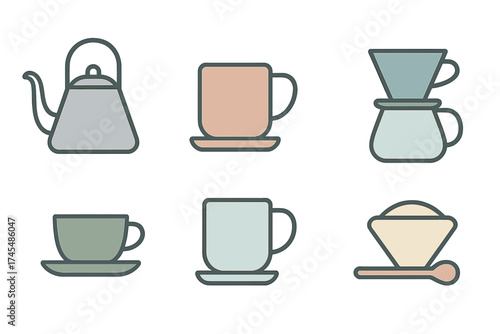 Minimalist pastel coffee and tea preparation tools set including kettle, mugs, and dripper equipment