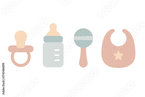 Essential baby care items collection including pacifier, feeding bottle, rattle, and bib in soft pastel colors