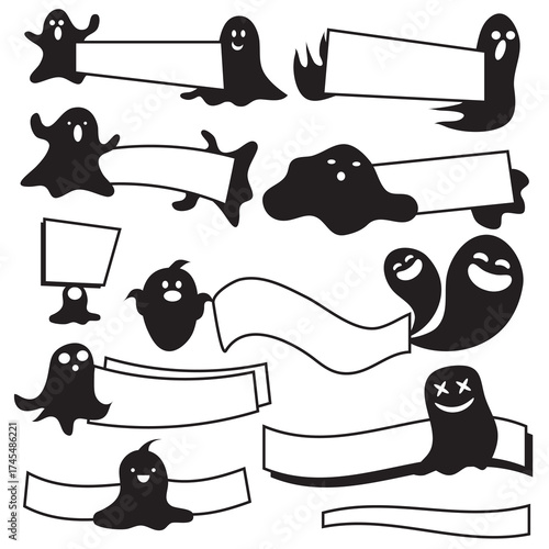 Cute little black ghost with banner sign