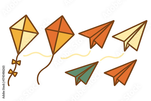 Group of colorful kites and folded paper airplanes soaring with movement trails