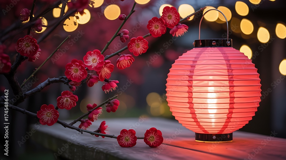Fototapeta premium Red Paper Lantern and Blooming Cherry Blossoms with Bokeh Lights Japanese Chinese