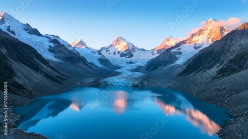 Wallpaper Mural Serene slow rising aerial shot revealing a pristine blue glacial lake surrounded by snow-capped peaks at sunrise aerial, climate, lake Torontodigital.ca