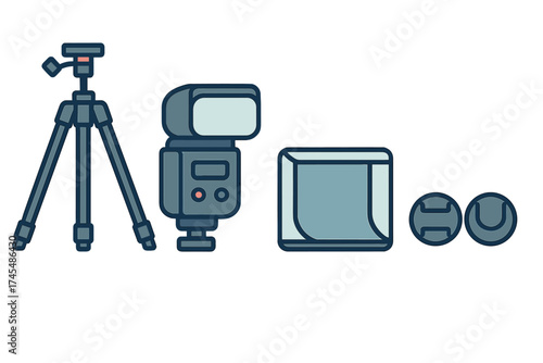 Professional photography equipment set with tripod flash softbox and lens caps
