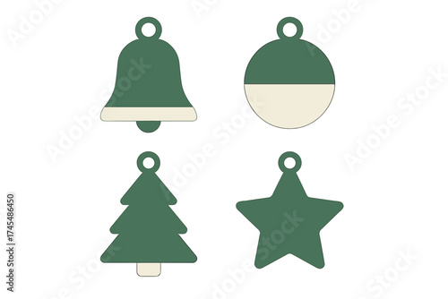 Minimalist Christmas holiday ornaments set with bell bauble tree and star shapes in green and cream