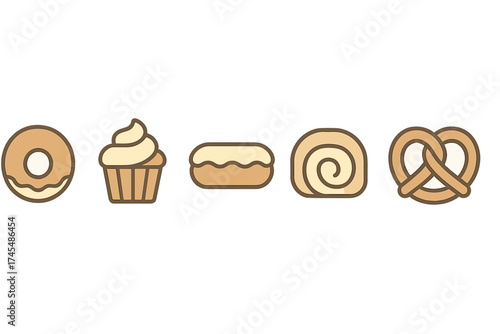 Collection of popular bakery items including donut, cupcake, eclair, sweet roll, and pretzel symbols