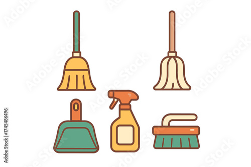 Household cleaning tools set including brooms dustpan spray bottle and scrub brush