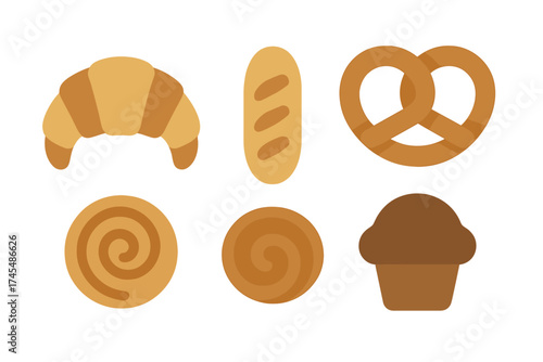 Set of fresh baked goods including croissant baguette pretzel and sweet rolls
