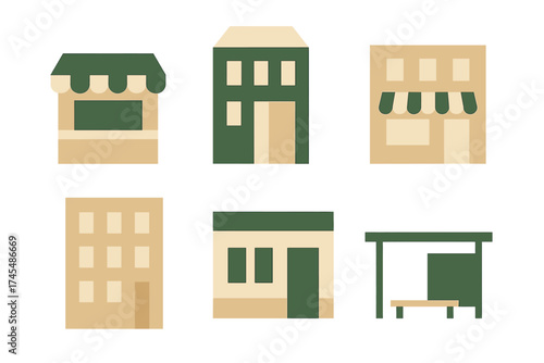 Minimalist urban architecture symbols including shops, apartments, and bus stop shelter